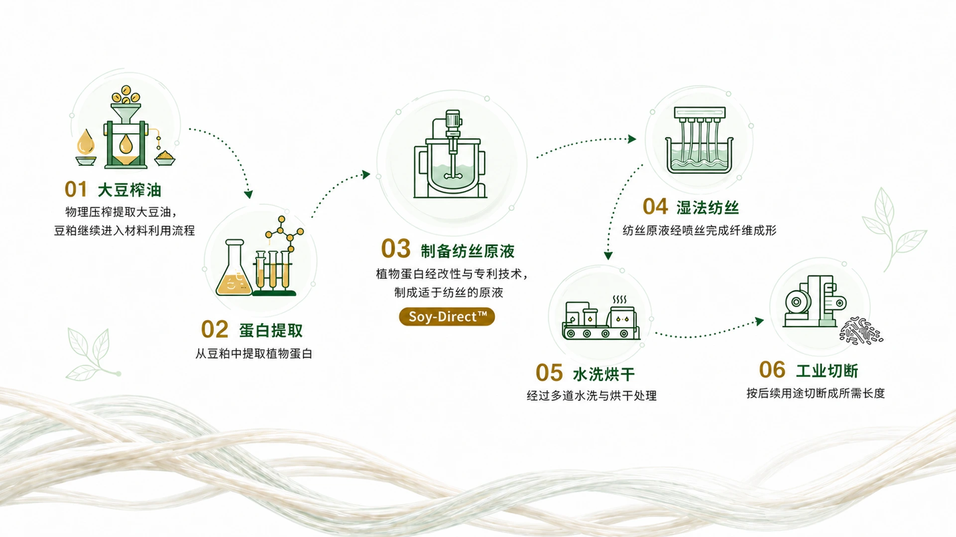 李官奇® LGQ® Soy-Direct™ 大豆蛋白纤维六步生产流程图